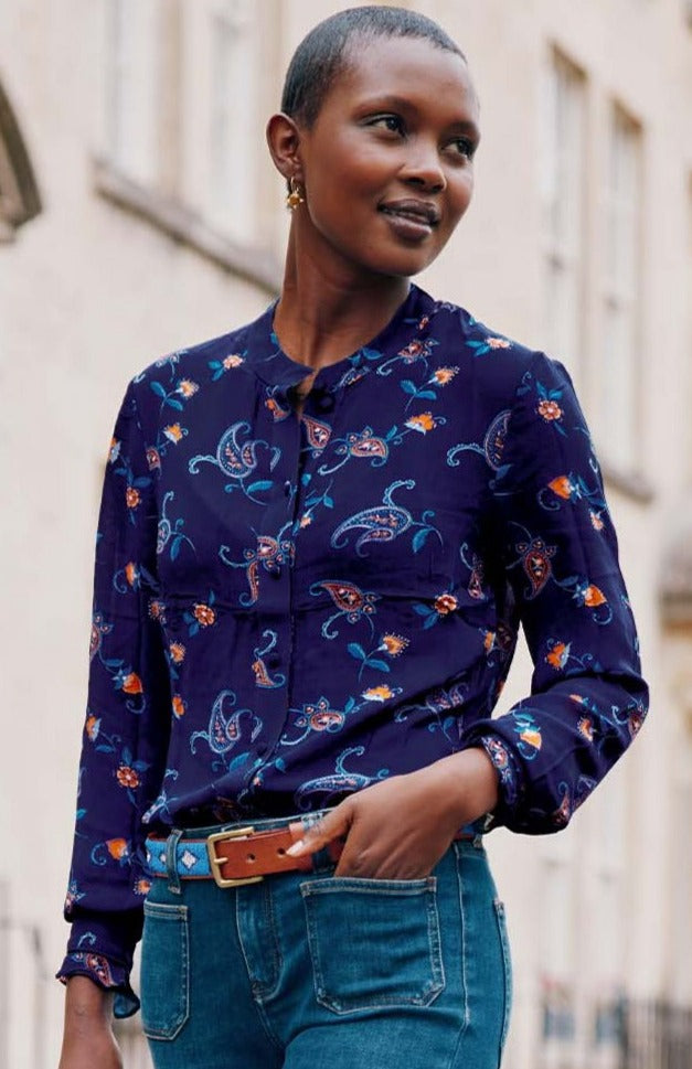 Maisie Viscose Georgette Shirt | Budding Paisley Navy/Orange