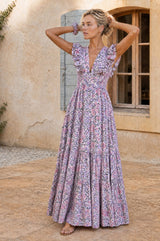 V Neck Rose Maxi Dress | White/Green/Pink