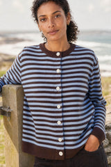 Merino Wool Button Through Stripe Cardigan | Chocolate/Light Blue
