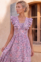 V Neck Rose Maxi Dress | White/Green/Pink