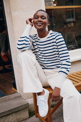 Striped Crew Neck Merino Jumper | Cream/Navy