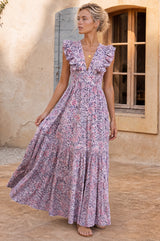 V Neck Rose Maxi Dress | White/Green/Pink