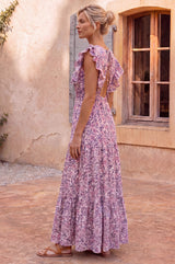 V Neck Rose Maxi Dress | White/Green/Pink