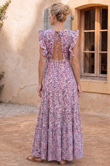 V Neck Rose Maxi Dress | White/Green/Pink
