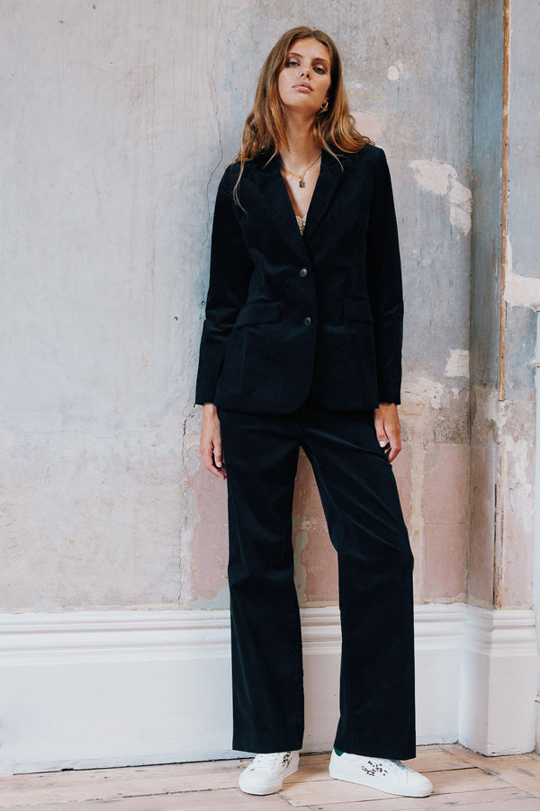 Single Breasted Cotton Stretch Velvet Jacket | Black