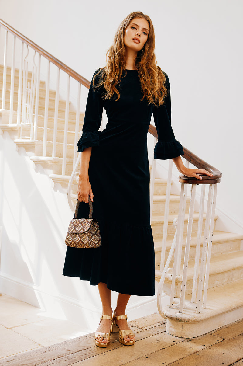 Aspiga Ladies Sustainable Victoria Round Neck 3/4 Sleeve Stretch Cotton Corduroy Winter Wedding Guest Evening Dress Dress Black Aspiga Ladies Sustainable Victoria Round Neck 3/4 Sleeve Stretch Cotton Corduroy Winter Wedding Guest Evening Dress Dress Black
