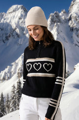 Merino Wool Stripe Hearts Quarter Zip | Black/Off White/Taupe