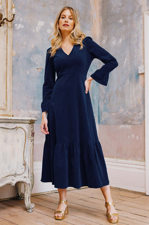 Victoria V-Neck Long Sleeve Stretch Corduroy Dress | Atlantic Blue