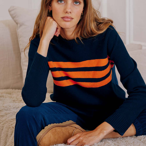 Aspiga Ladies Sustainable Merino Wool Cali Navy Orange Jumper