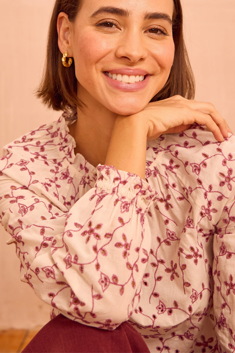 Lauren Embroidered Blouse | Cream/Mauve