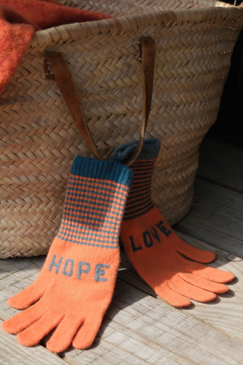 QUINTON CHADWICK Love Hope Fingerless Gloves | Orange/Blue