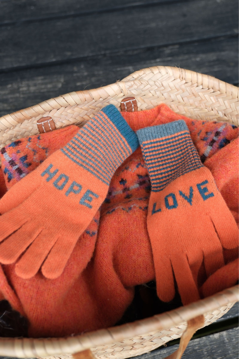 QUINTON CHADWICK Love Hope Fingerless Gloves | Orange/Blue