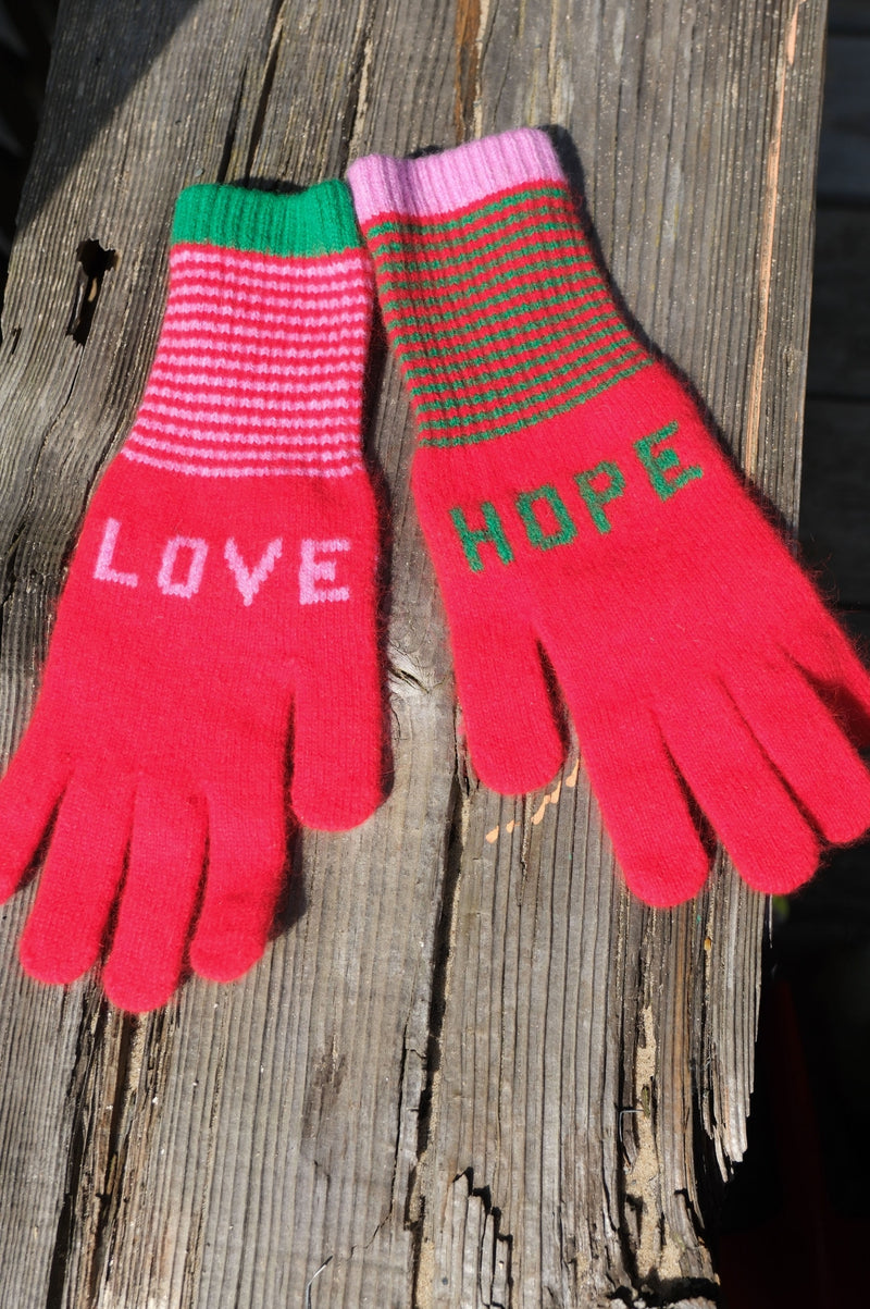 QUINTON CHADWICK Love Hope Fingerless Gloves | Red/Pink/Green