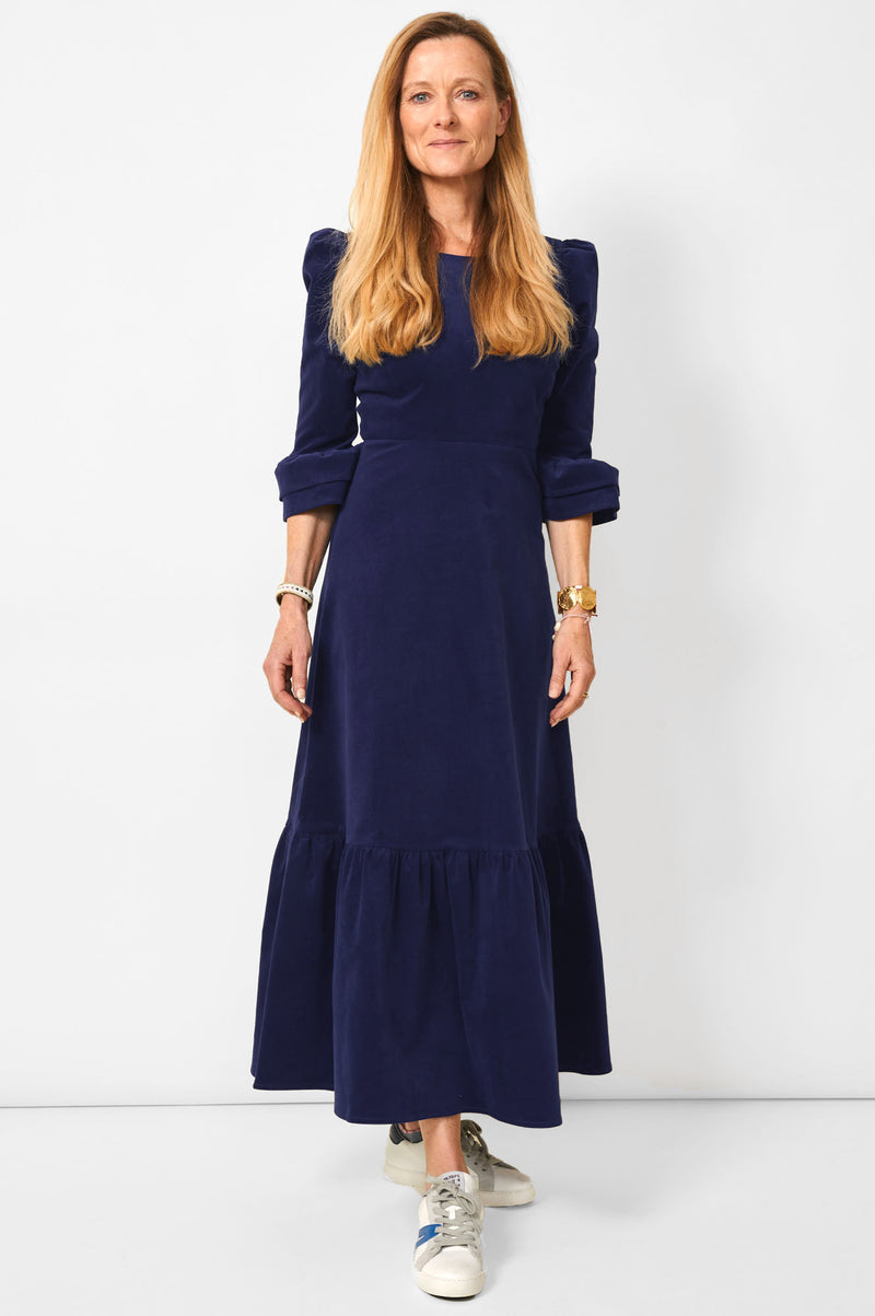 Victoria Round Neck 3/4 Sleeve Stretch Corduroy Dress | Atlantic Blue