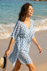 Manilla Organic Cotton Kaftan | White/Blue/ Turquoise