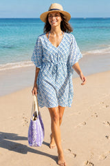 Manilla Organic Cotton Kaftan | White/Blue/ Turquoise