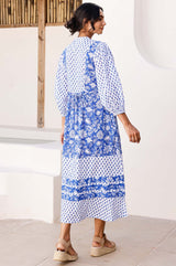 Martha Organic Cotton Print Mix Dress | Cobalt/White