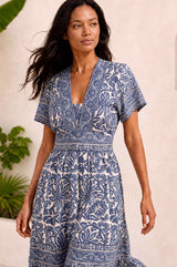 Pippa Organic Cotton Short Sleeve Block Print Dress | Blue/White