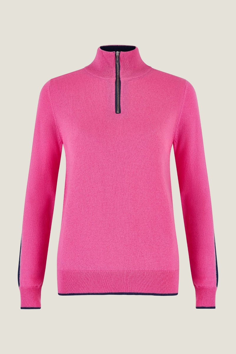 Merino Wool Overarm Stripe Quarter Zip Jumper | Pink/Navy/Cream
