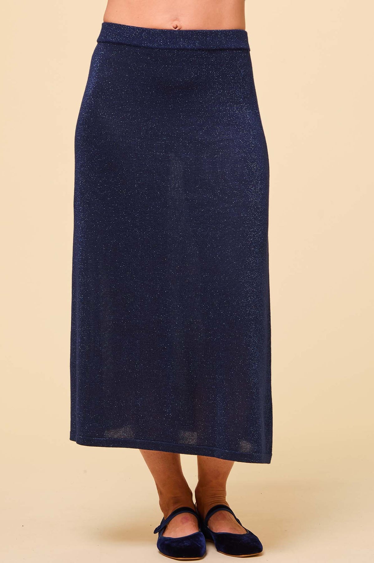 Aspiga Ladies Sustainable Metallic Knit Midi Skirt Viscose Navy Blue
