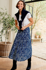 Mira Viscose Crepe Printed Skirt | Animal Ikat Navy/Cream