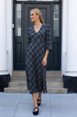 Elizabeth Check V Neck Dress | Blue/Grey