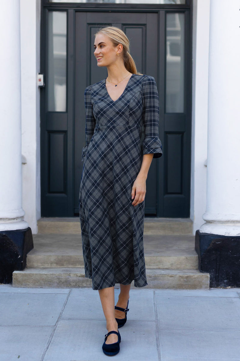 check dress grey Aspiga Womens Sustainable Elizabeth V Neck Blue Grey, Day Dress Mini dress