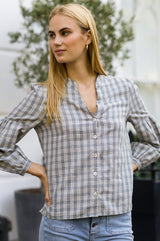 Notch Neck Check Blouse | Grey/White