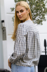 Notch Neck Check Blouse | Grey/White