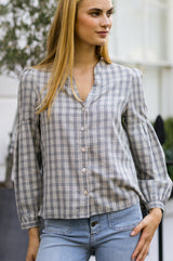 Notch Neck Check Blouse | Grey/White