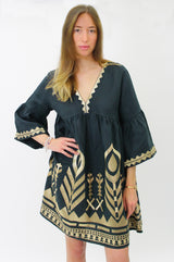 Ophelia Embroidered-Short-Dress-Charcoal-Gold