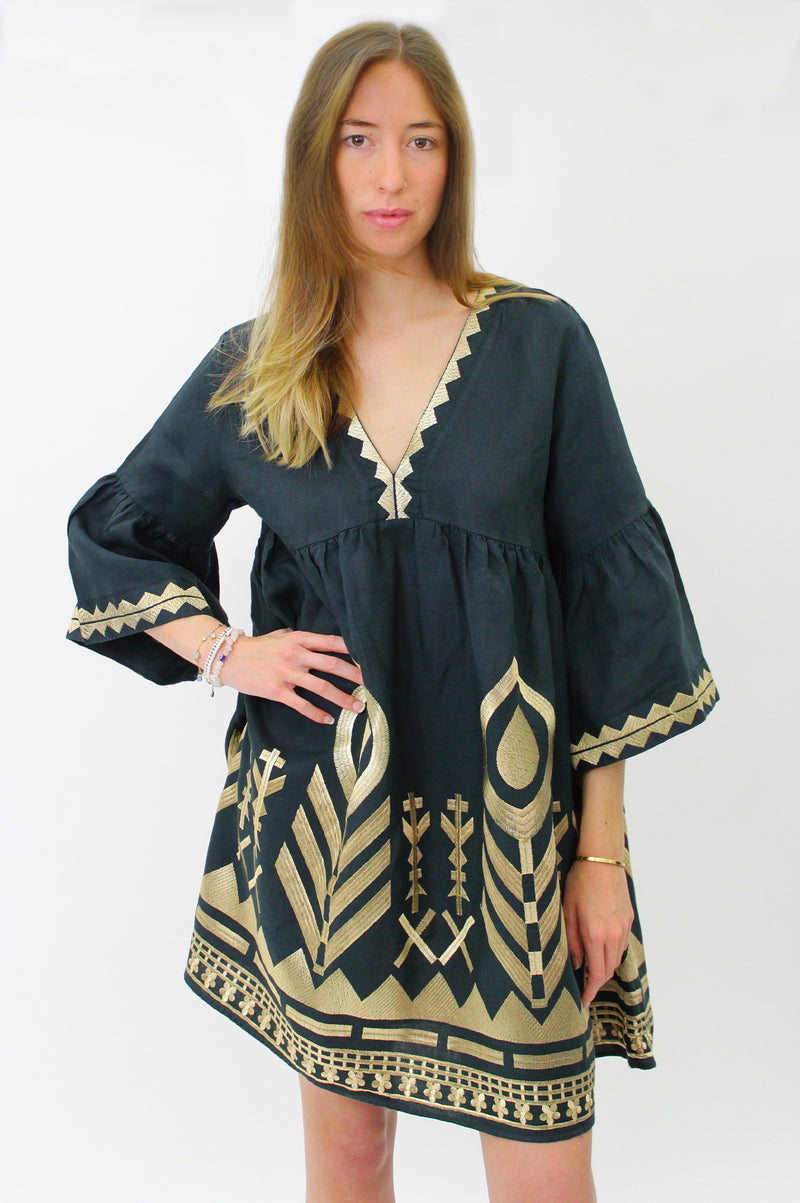 Ophelia Embroidered-Short-Dress-Charcoal-Gold