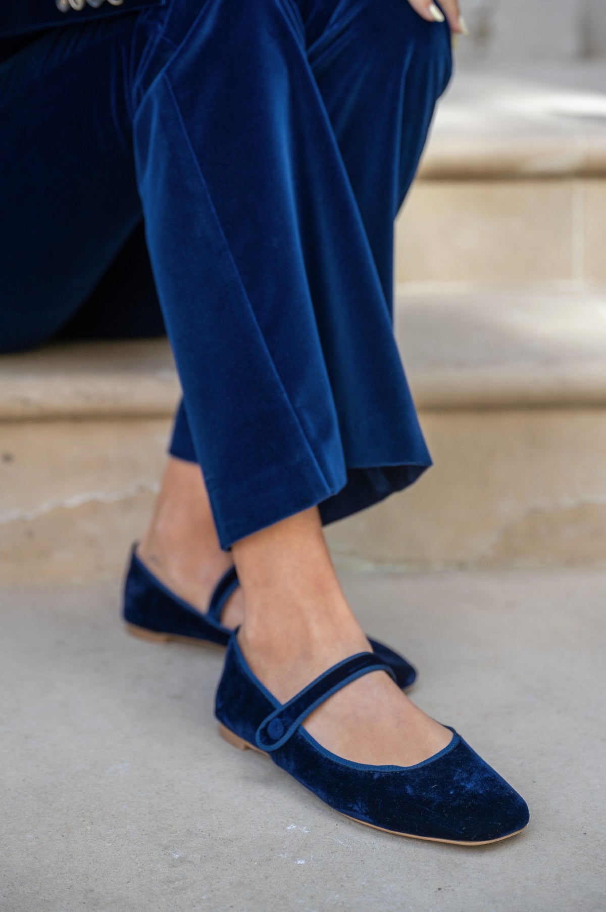 Aspiga Ladies Ethical Velvet Mary Jane Ballet Shoes Navy Desk to