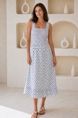 Rhianna Organic Cotton Dress | White/ Blue