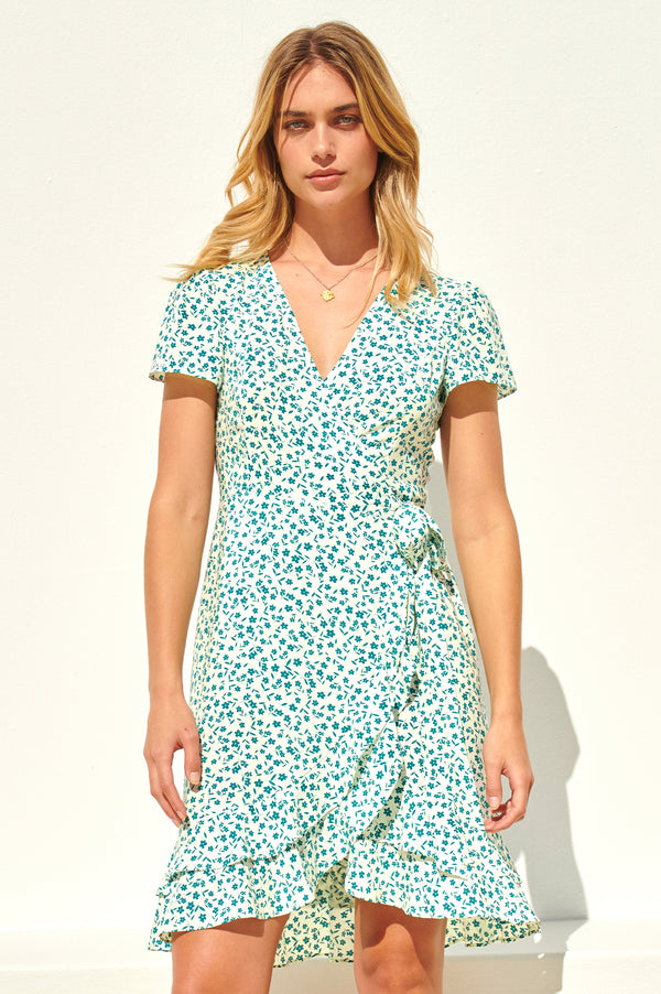 Chelsea Wrap-Dress-Daisy-Flower-Cream/Verdigris-Green