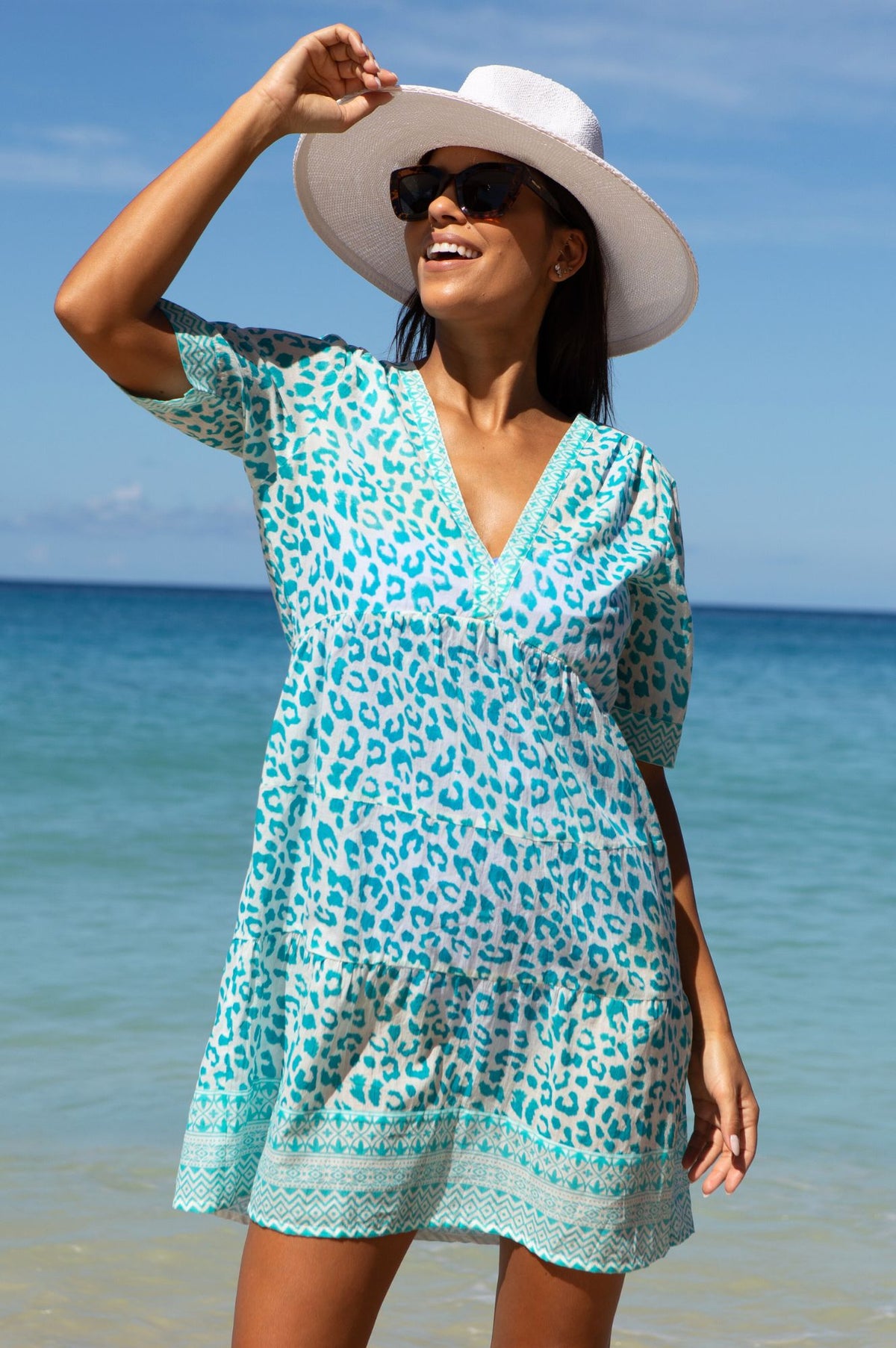 Aspiga Womens Sustainable Santorini Cotton Kaftan Dress Summer Holiday  Beach Cover Up Cheetah Printed Summer Holiday White Turquoise Blue
