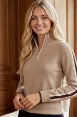 Merino Wool Overarm Stripe Quarter Zip Jumper | Taupe/Cream/Chocolate