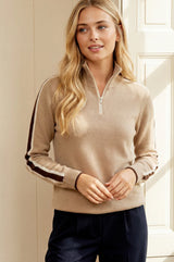 Merino Wool Overarm Stripe Quarter Zip Jumper | Taupe/Cream/Chocolate