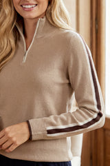 Merino Wool Overarm Stripe Quarter Zip Jumper | Taupe/Cream/Chocolate