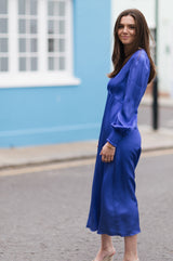 Sabine Long Sleeved Hammered Satin Dress | Blue