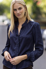 Frill Detail Satin Blouse | Navy