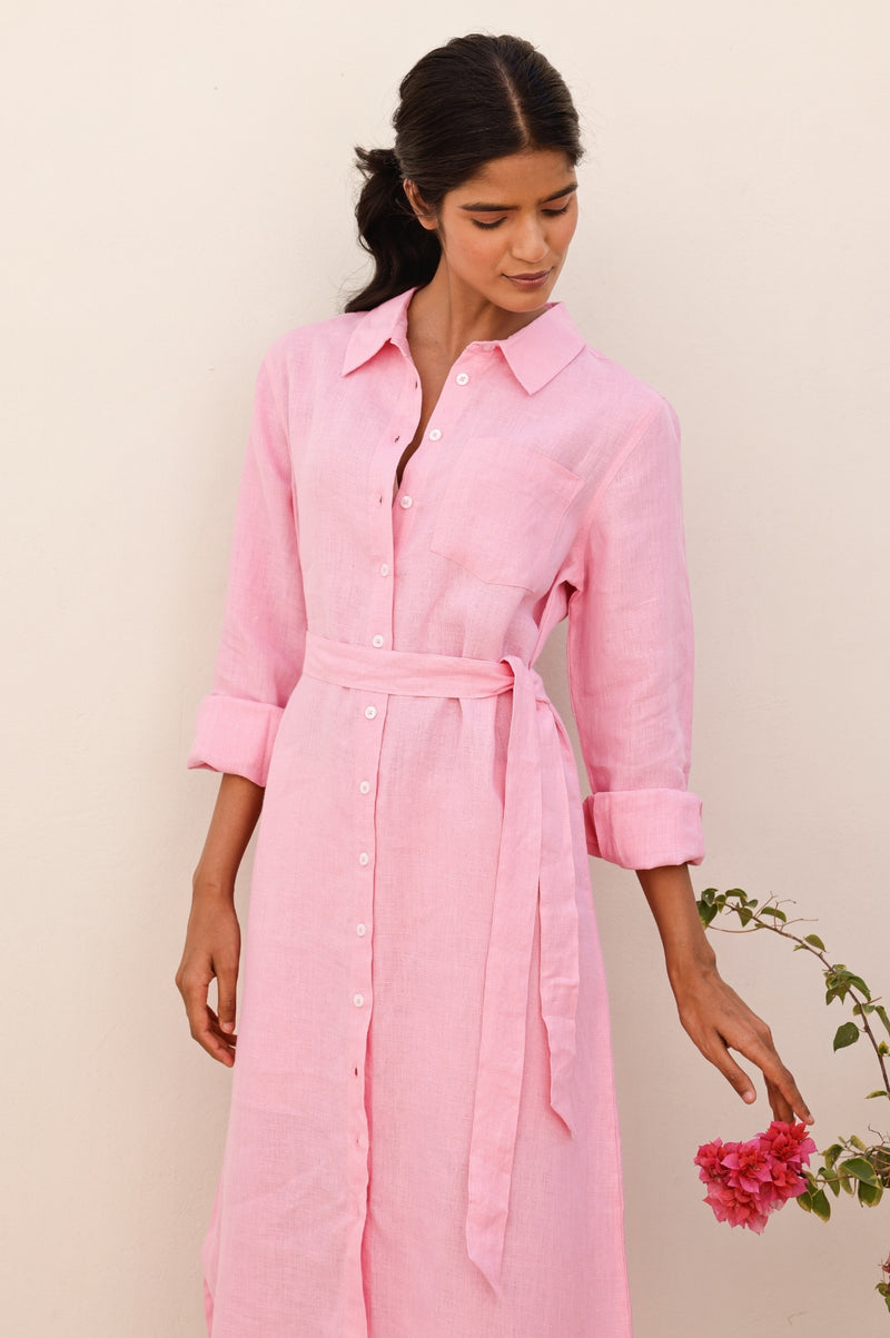 chinese dress ladies Aspiga Sustainable Womens Kelly Midi Dress Summer Holiday 100% Linen Dress  Pink
