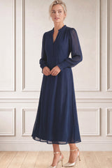 Plain V Neck Chiffon Dress | Navy