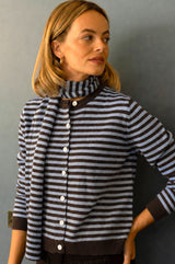 Merino Wool Button Through Stripe Cardigan | Chocolate/Light Blue