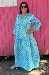 Mykonos Maxi Dress | Palm White/Turquoise - Aspiga