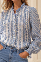 Vienna Printed Long Sleeve Blouse | Fern Ice Blue/Off White