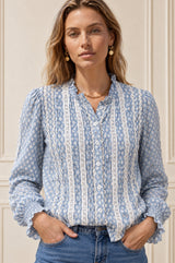 Vienna Printed Long Sleeve Blouse | Fern Ice Blue/Off White