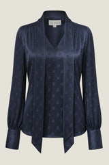Tie Neck Satin Spot Jacquard Blouse | Navy