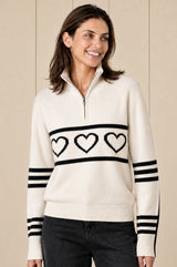 Merino Wool Stripe Hearts Quarter Zip | Off White/Black