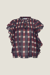 Product photo of the Aspiga Danee Ikat Blouse in Wine, flat lay on a beige background